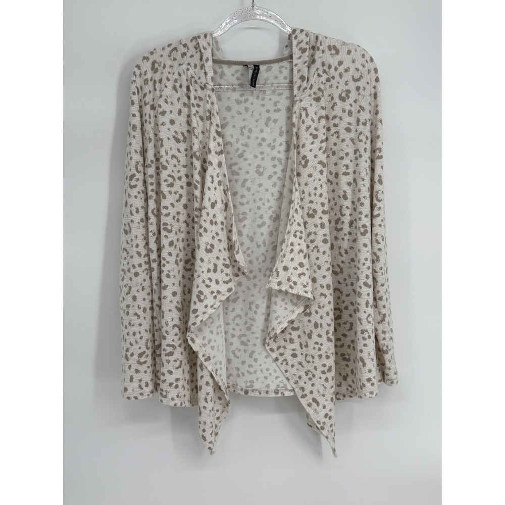 Jaclyn Intimates Womens Sz S Leopard Print Hooded Waterfall Draped Cardigan Tan